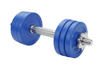 Isolated blue dumbbell workout equipment for building muscle strength fitness training