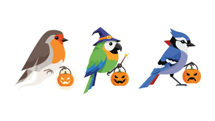 Halloween Avian Trio: Charming illustrations of three unique birds, a robin, a parrot in a witch's hat, and a blue jay, each proudly carrying a festive pumpkin lantern.