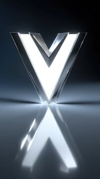 Elegant illuminated 3D letter V with glowing edges and reflective surface on dark background for modern design and ing