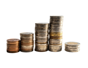 Stacks of various coins, arranged as a bar graph against a dark background