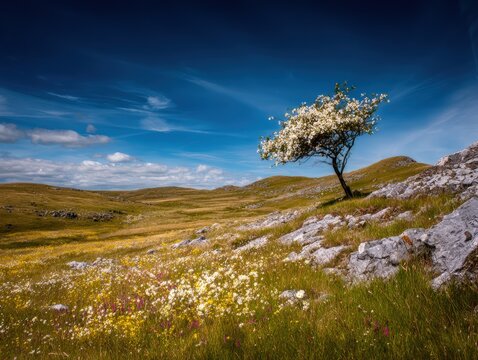 Scenic landscape with a solitary blossoming tree on rolling green hills under a vibrant blue sky with wispy clouds and colorful wildflowers