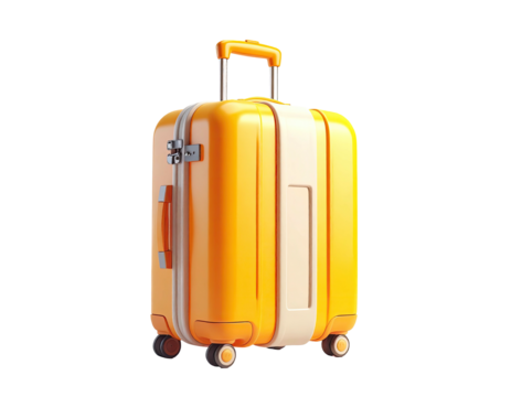 A bright orange and tan travel suitcase with a retractable handle and wheels