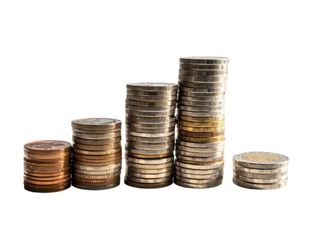 Stacks of various coins, arranged as a bar graph against a dark background