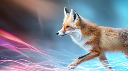 Obraz premium Fox running across colorful background, showcasing its vibrant fur and dynamic movement. scene evokes sense of freedom and grace