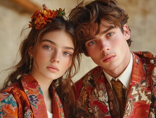 Young couple in colorful traditional attire poses closely with flowers in their hair, showcasing vibrant patterns in a rustic setting