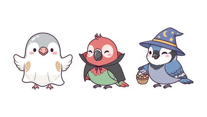 Halloween Avian Trio: A whimsical cartoon featuring three adorable avian characters in charming Halloween costumes, inviting smiles and delight.