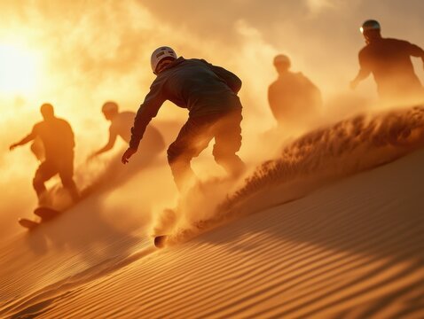 Sandboarding adventure at sunset in a desert with multiple riders gliding down the dunes