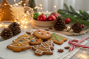 Festive Christmas cookies and decorations with twinkling lights
