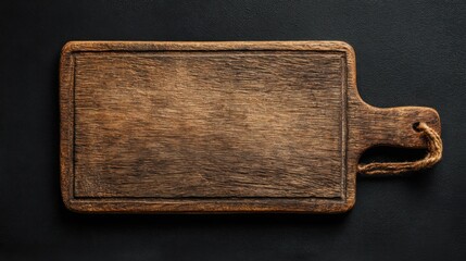 A weathered wooden cutting board sits on a black surface showcasing its natural grain and rustic charm perfect for preparing meals and serving dishes at home.