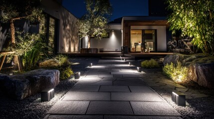 Fototapeta premium The garden pathway is beautifully lit at night by subtle lights that guide the way. Surrounding greenery and modern architecture enhance the serene atmosphere of the space.