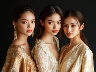 Elegant trio of women in stylish outfits posing together against a dark background