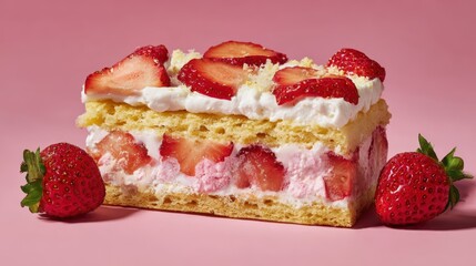 Refreshing strawberry layered cake with whipped cream frosting and fresh fruit slices on pink background