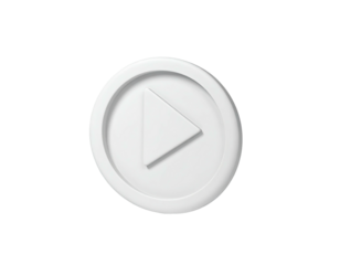 A 3D rendered, white, circular play button with a triangular arrowhead