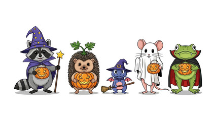 Whimsical Halloween Creatures Gather: A captivating lineup of adorable, costumed critters—a raccoon wizard, a hedgehog holding a pumpkin, a tiny dragon witch, a ghost mouse.
