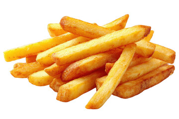 Pile of Golden Yellow French Fries on Transparent Background, Crispy Texture, Side View, Appetizing Snack, Culinary Still Life, Classic Fast Food, High Resolution Detail, Golden Brown Color, Comfort