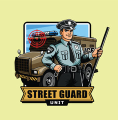 Police illustration with tactical vehicle for logo badge