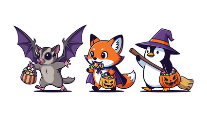 Halloween Animals Celebration: Charming cartoon characters including a sugar glider, fox, and penguin celebrate Halloween, bringing spooky vibes. 
