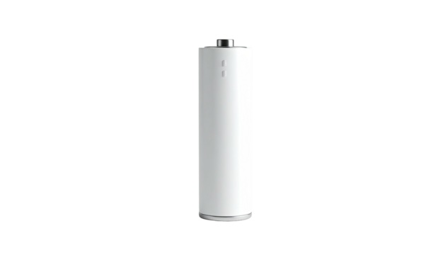 Isolated, white cylindrical battery, glossy finish, against black background