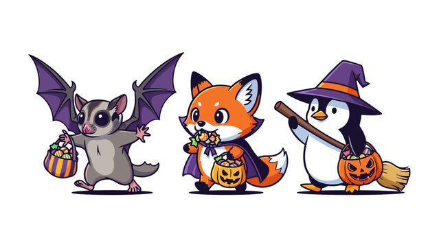 Halloween Animals Celebration: Charming cartoon characters including a sugar glider, fox, and penguin celebrate Halloween, bringing spooky vibes. 