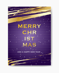 A festive card with the message 'Merry Christmas and a Happy New Year' in gold text on a purple background with gold decorative accents.