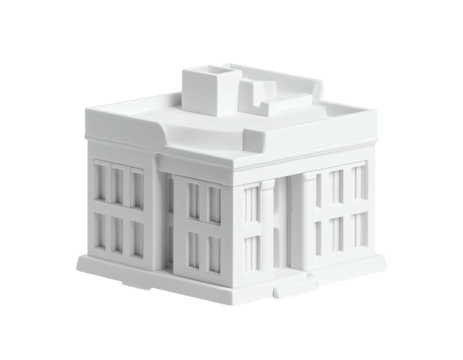 A white, detailed miniature building with a classical design, isolated on black