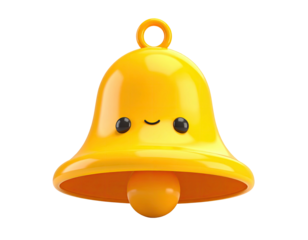 Cute, cartoonish yellow bell with a friendly face and a loop on top