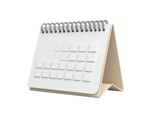 Simple white desk calendar with spiral binding and blank, 3D-rendered pages