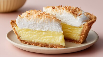 Close-up of a delicious coconut cream pie with a flaky crust, rich custard filling, and toasted coconut topping on a neutral background