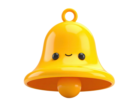 Cute, cartoonish yellow bell with a friendly face and a loop on top