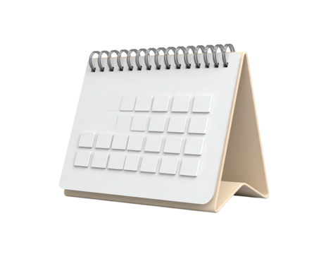 Simple white desk calendar with spiral binding and blank, 3D-rendered pages
