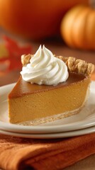 Delicious homemade pumpkin pie with whipped cream on a white plate and fresh pumpkins in the background for autumn harvest celebration