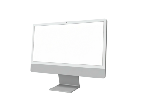 Minimalist computer monitor, blank screen, silver, angled view against a black background