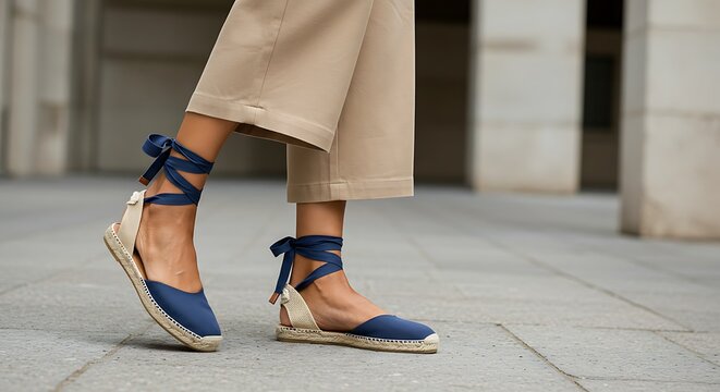Womans feet in casual blue espadrilles and beige pants on pavement