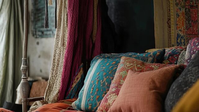 A plush bed with a pile of pillows piled high, perfect for a relaxing night's sleep or a cozy reading nook