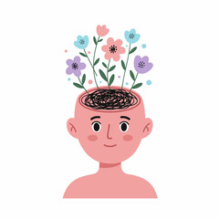 Cute Flat Illustration Open Head with Flowers Mental Wellbeing Concept