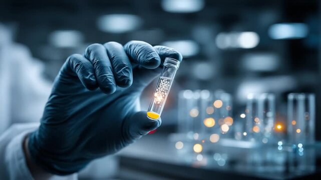 Science Experiment in Laboratory: Capturing the essence of scientific exploration, a gloved hand carefully holds a vial filled with glowing substance. Capturing the detail of science exploration.