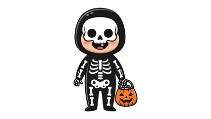 Spooky Halloween Costume : A festive illustration of a smiling figure adorned in a complete skeleton outfit, accompanied by a playful Jack-o'-lantern pail, embodying the essence of Halloween fun.