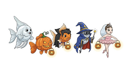 Naklejka premium Halloween Aquatic Fantasy: A whimsical assembly of charming characters includes a wizard, ballerina, pumpkin, each donning playful Halloween attire with lanterns.