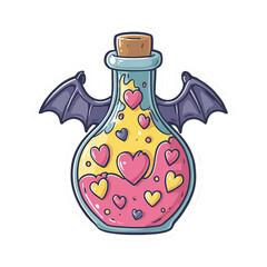 A whimsical potion bottle adorned with hearts and bat wings, perfect for magical and fantasy-themed designs.