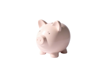 A pink ceramic piggy bank, with a coin slot on top, isolated on black