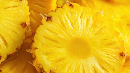Juicy pineapple slices display their bright yellow color and intricate patterns. The fruit is fresh ready to be enjoyed in a variety of dishes or eaten as a healthy snack.