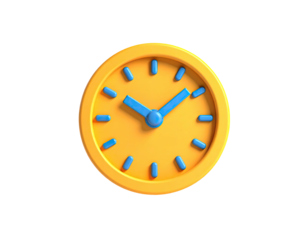 A 3D rendering of a yellow clock face with blue hands against a black backdrop