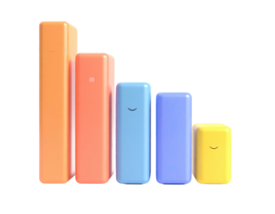 Colorful 3D bar chart displays decreasing trend with small smiley faces