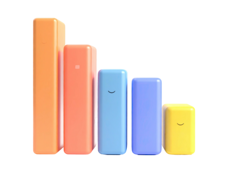 Colorful 3D bar chart displays decreasing trend with small smiley faces