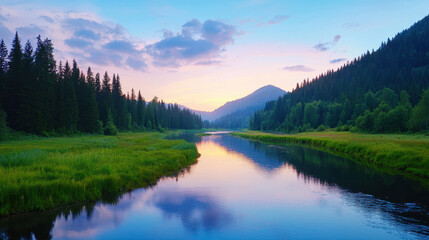 Serene river landscape at dusk, featuring lush green forests and tranquil water surface reflecting pastel sky