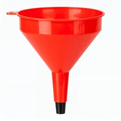 Bright red plastic funnel with glossy surface on a clean white background, studio shot