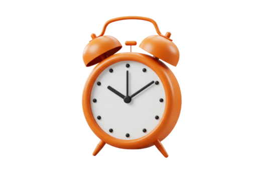 Isolated orange alarm clock, punctuality icon, time reminder, work, study, wake-up call