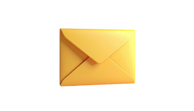 A 3D-rendered, closed yellow envelope isolated against a stark black backdrop