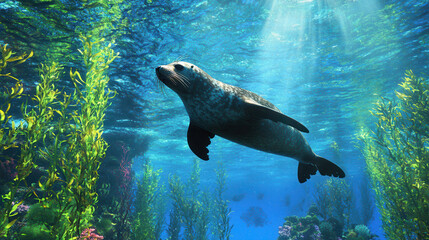 Fototapeta premium Serene underwater scene featuring seal swimming gracefully among vibrant aquatic plants and colorful corals, showcasing beauty of marine life