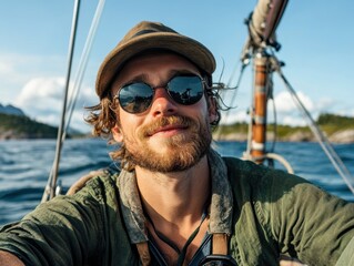 Obraz premium Young man enjoys sailing on a sunny day in calm waters near a scenic coastline with mountains in the background